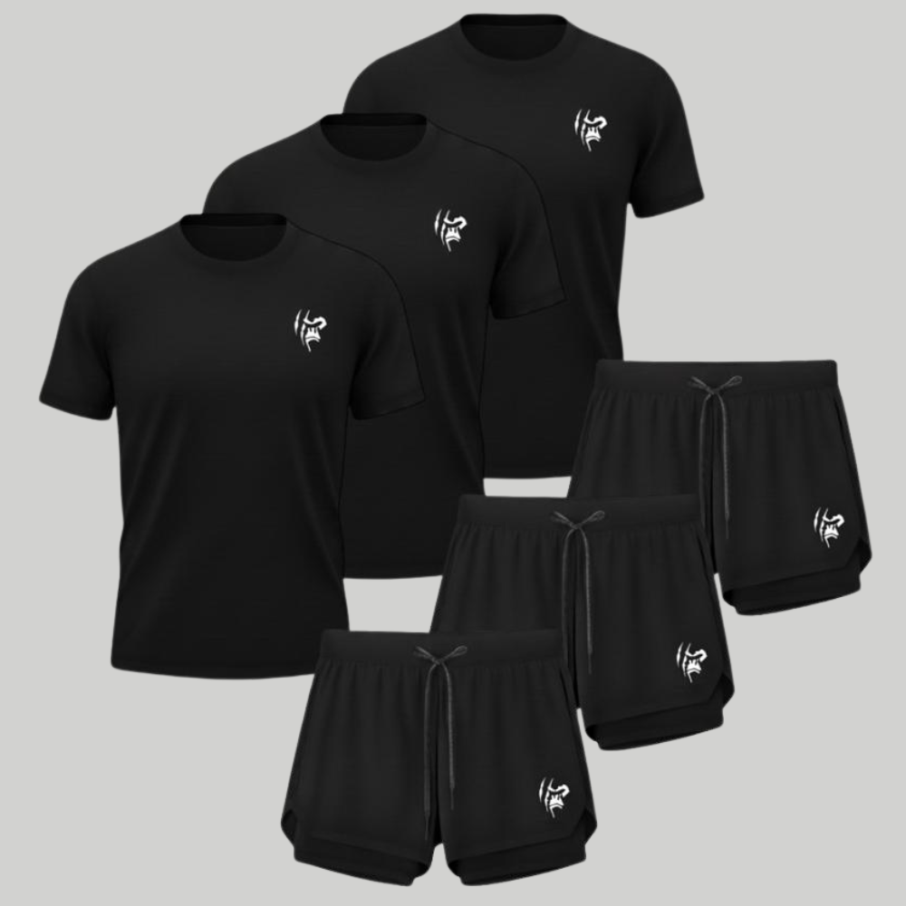 Kit 6 Peças Dryfit: 3 Camisas e 3 Shorts - Preto