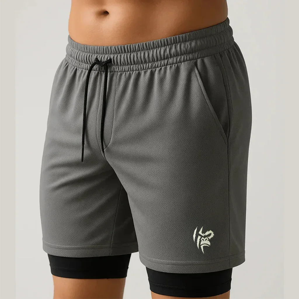Short masculino Dry-Fit de compressão 2 em 1 com bolso interno - cinza