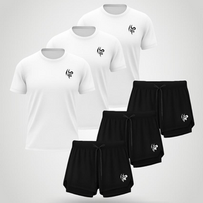 Kit 6 Peças Dryfit: 3 Camisas Brancas  e 3 Shorts Pretos